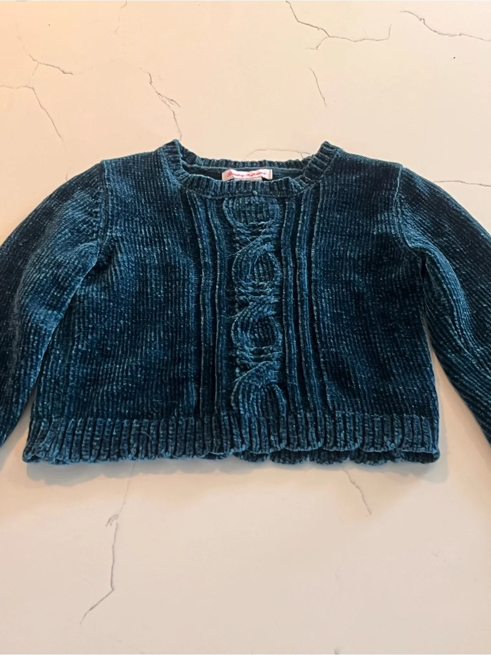 Tommy Bahama Teal Velvet Cable-Front Kids Sweater 7/8T